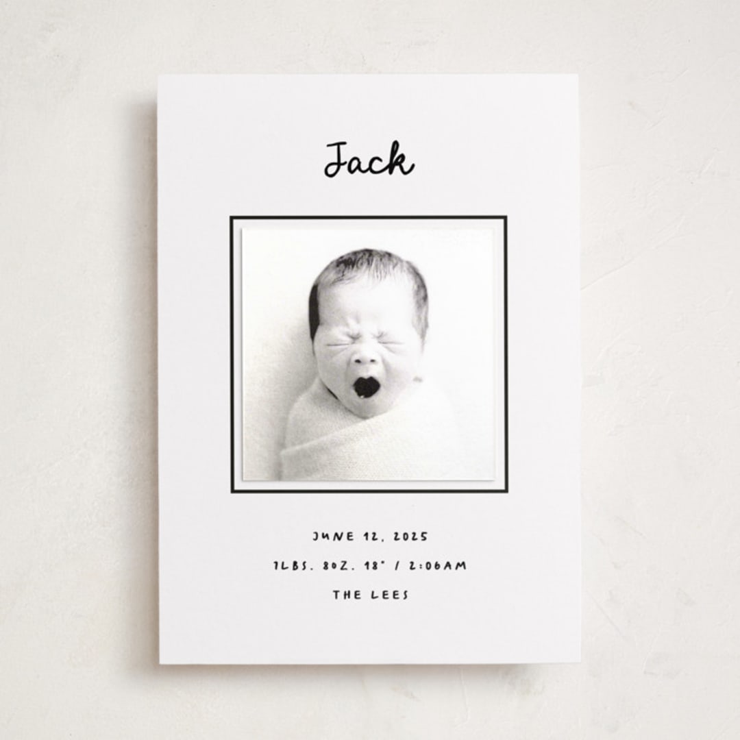 "Cursive" - Birth Announcement Photo Mount Cards in Snow by AK Graphics - Front