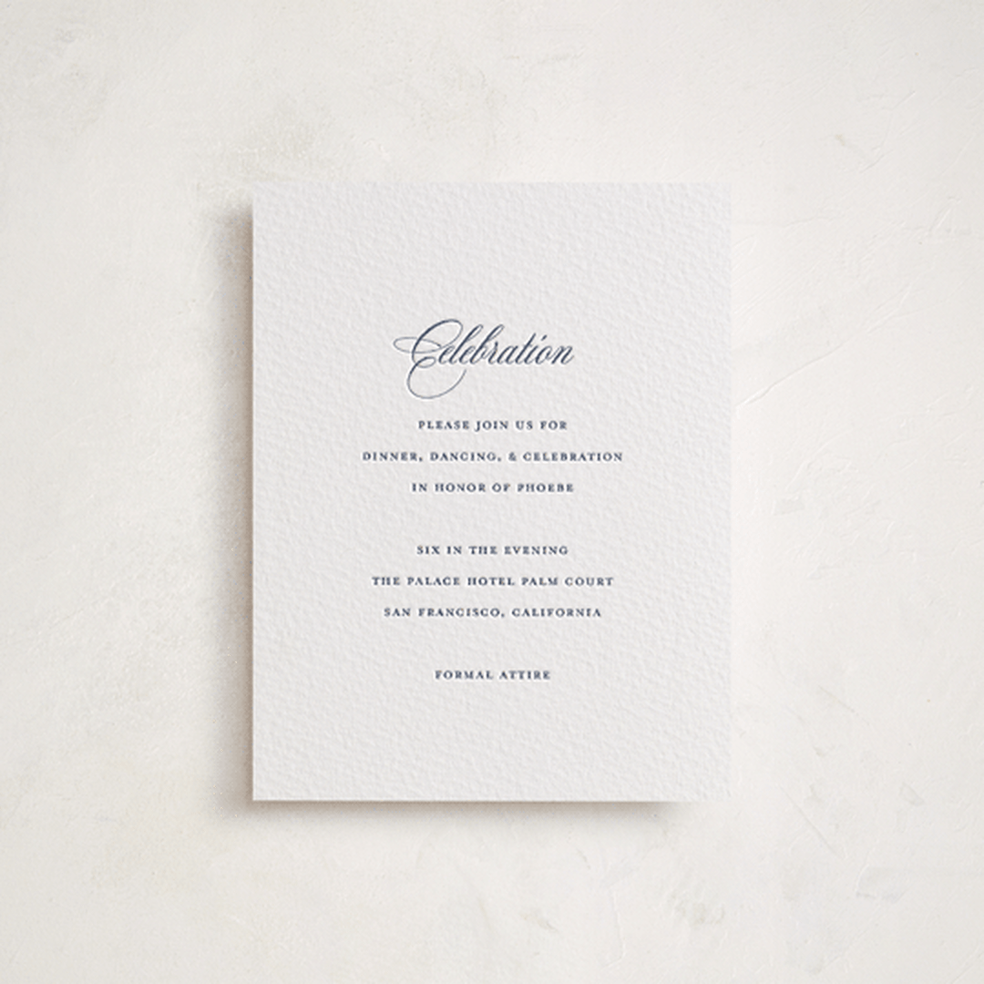 "Empire" - Letterpress Bar and Bat Mitzvah Reception Cards in Navy by Jennifer Postorino - Front