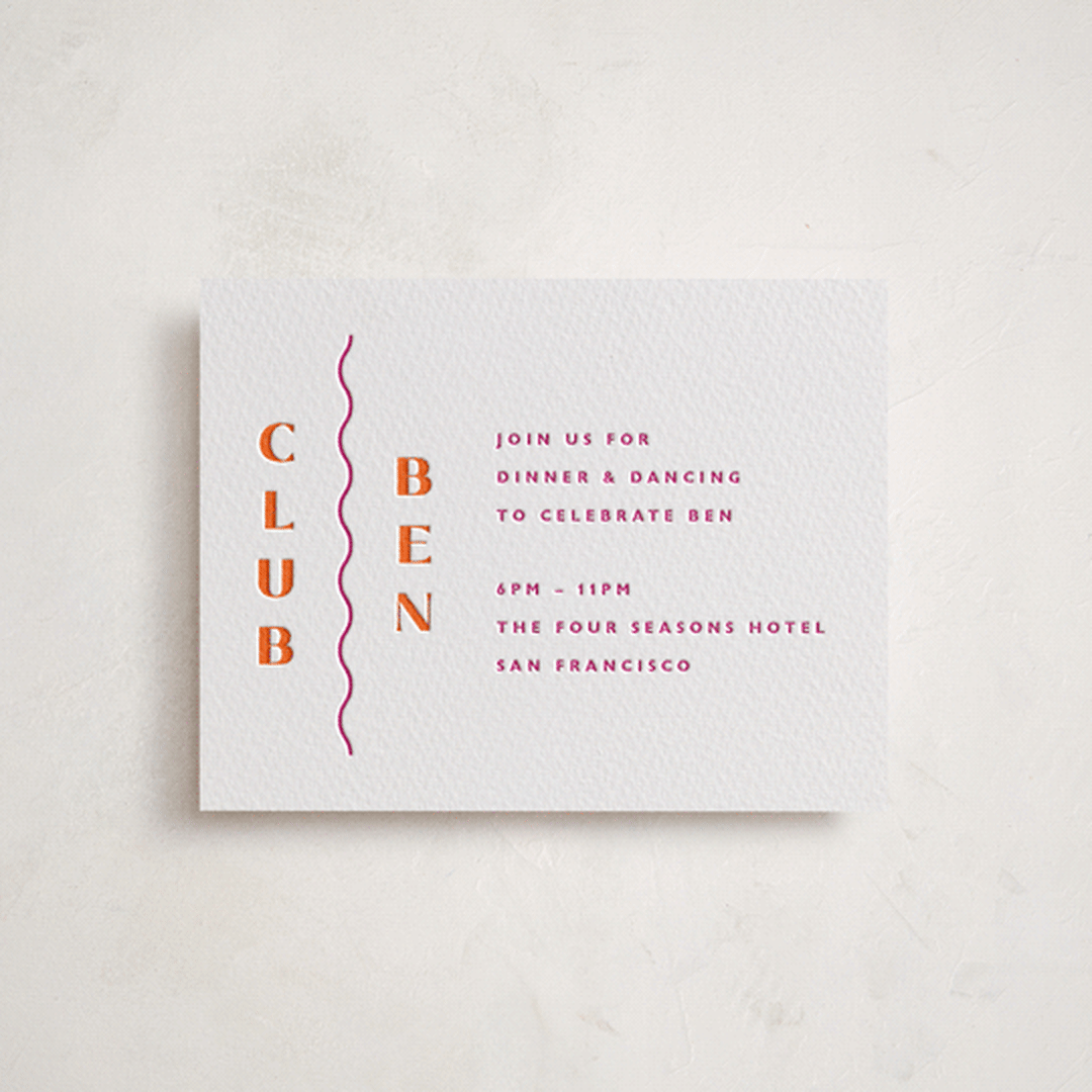 "Tanti Baci" - Letterpress Bar and Bat Mitzvah Reception Cards in Neon Pink by Olivia Raufman - Front