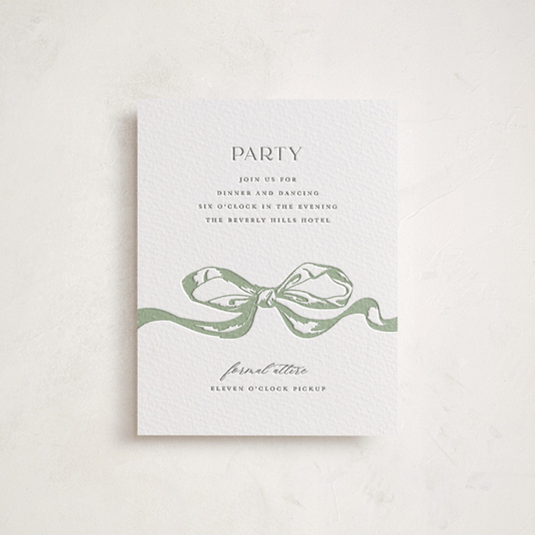 "Big Bow" - Letterpress Bar and Bat Mitzvah Reception Cards in Mint by Teju Reval - Front