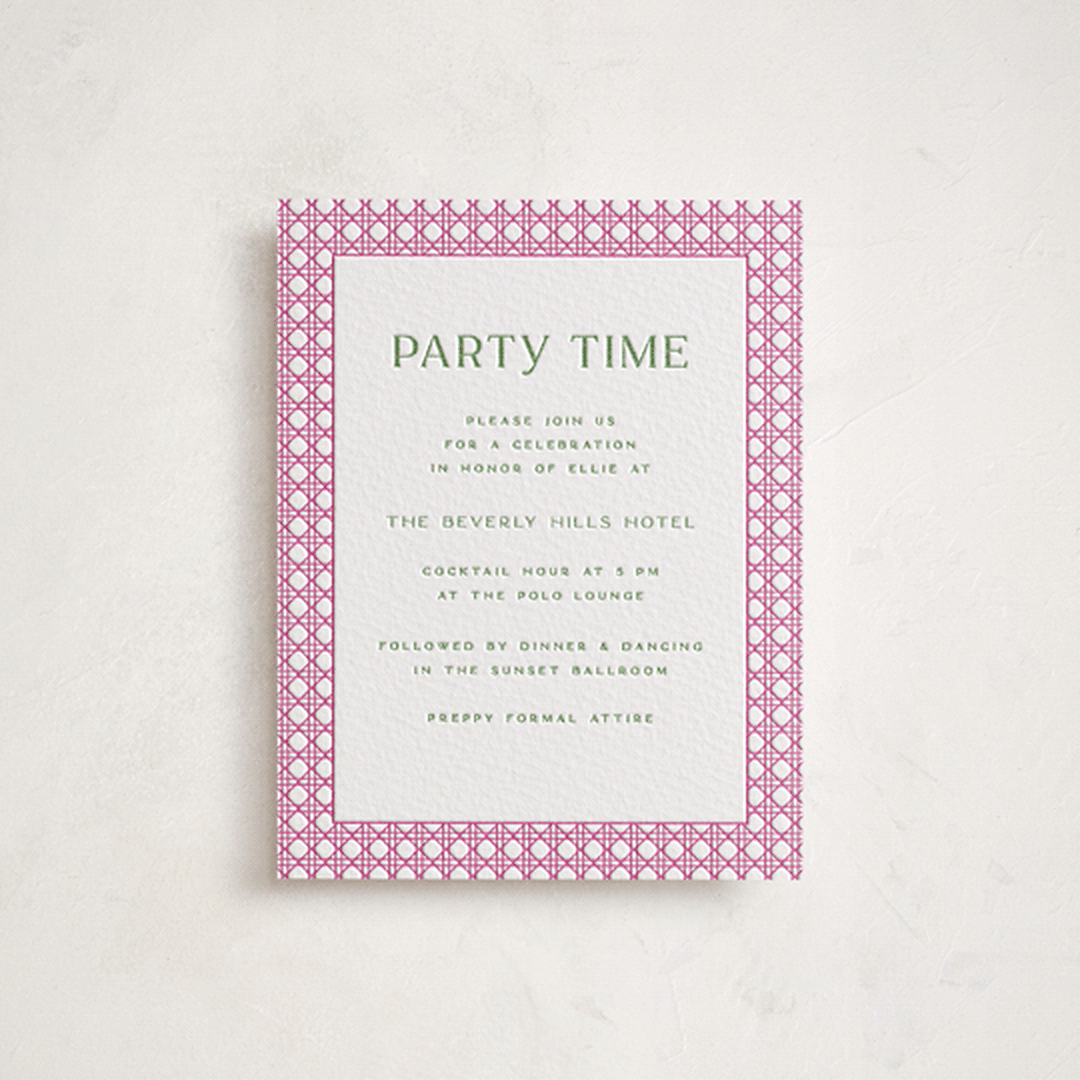 "delicate rattan" - Letterpress Bar and Bat Mitzvah Reception Cards in Neon Pink by Ellen Schlegelmilch - Front