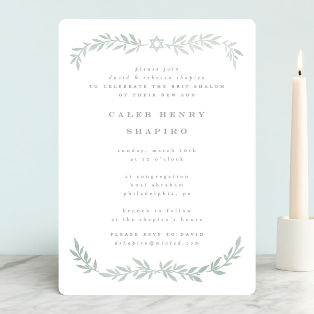 "Simple Foliage" - Bris and Baby Naming Invitations in Mint by Everett Paper Goods - Front