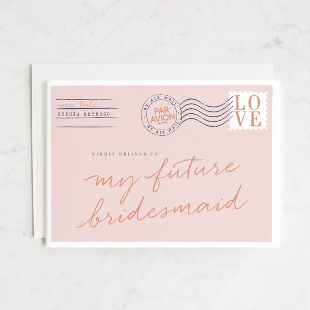 "Par Avion" - Bridesmaid Cards in Peony by Jennifer Lew - Front