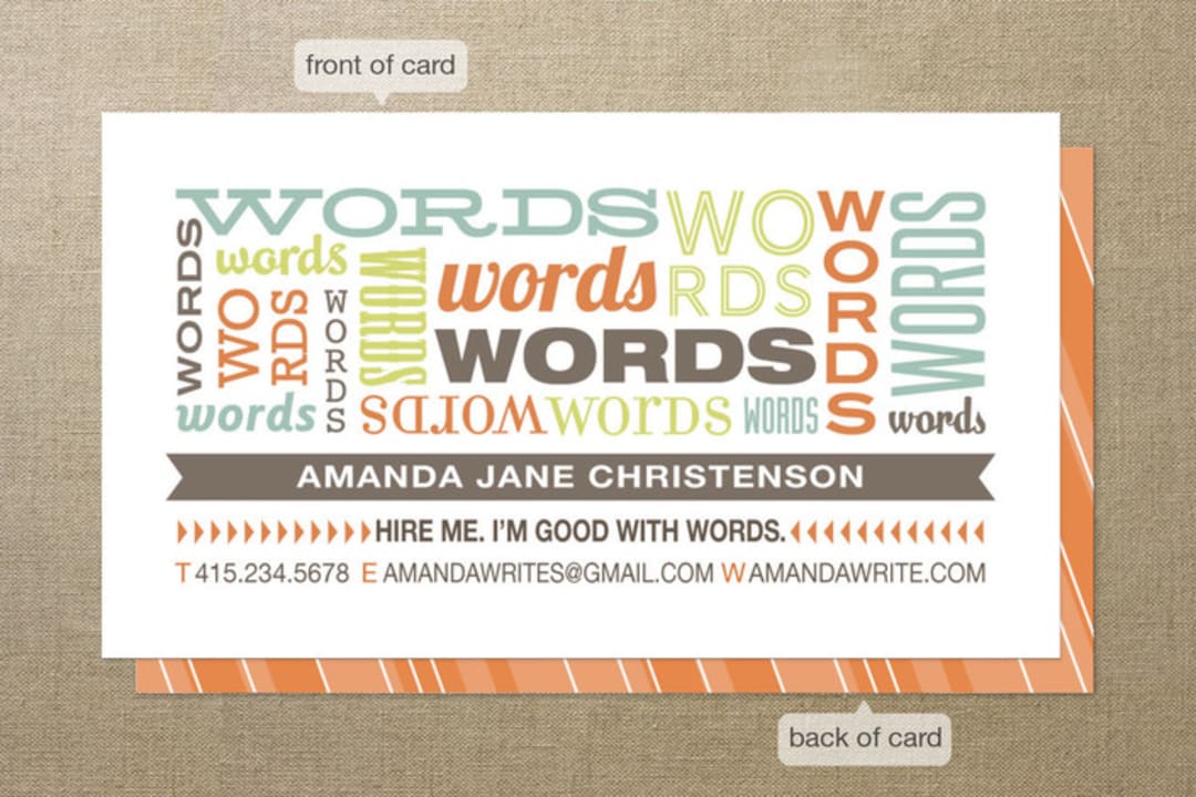 "Good with Words" - Business Cards in Orange by Lori James - Front