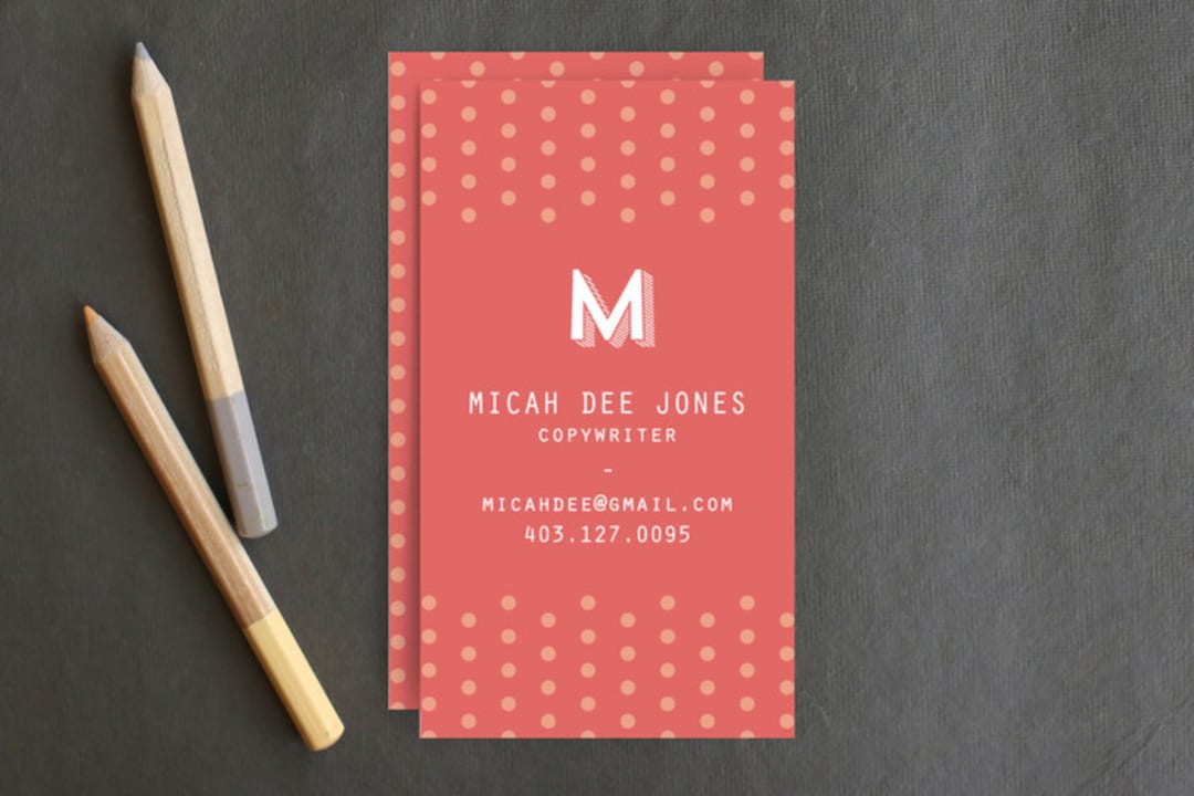 "Oh So Peachy Polkadot" - Business Cards in Coral by Hanke Arkenbout - Front