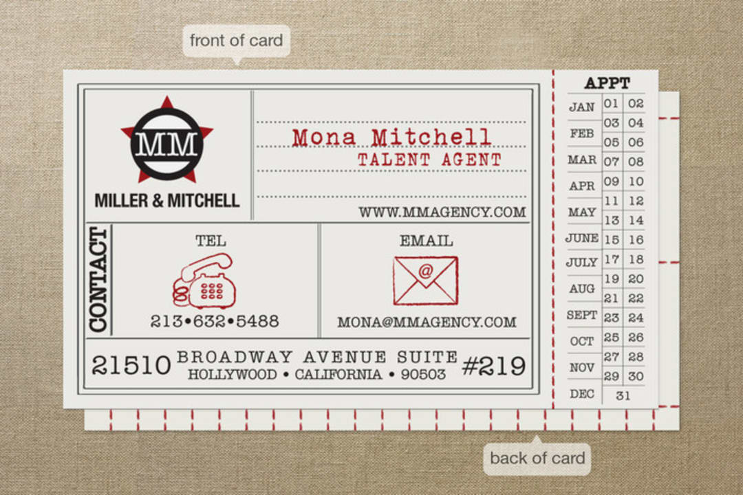 "Vintage Hollywood Ticket" - Business Cards in Crimson by Erin Nelson - Front