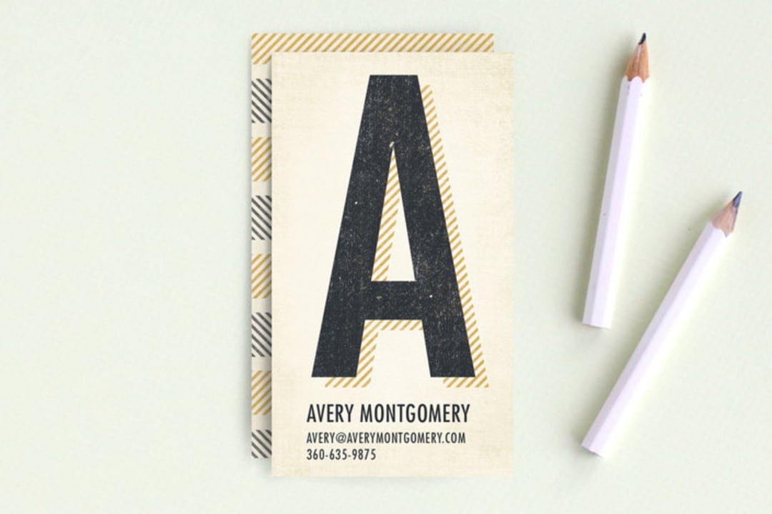 "Initial Note" - Business Cards in Mustard by Heather Francisco - Front