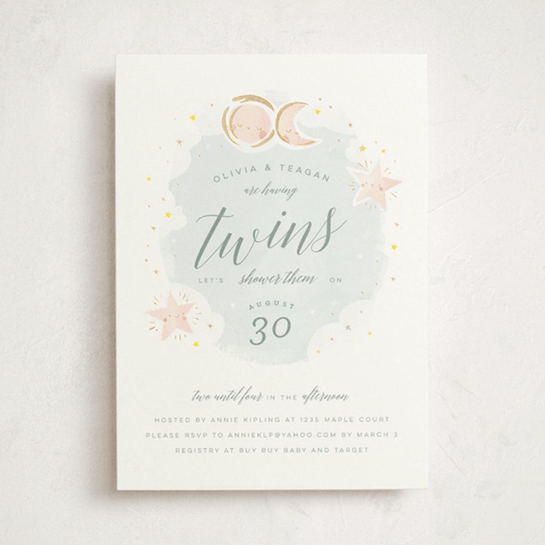 "Twin Stars" - Baby Shower Invitations in Sky by Lori Wemple - Front