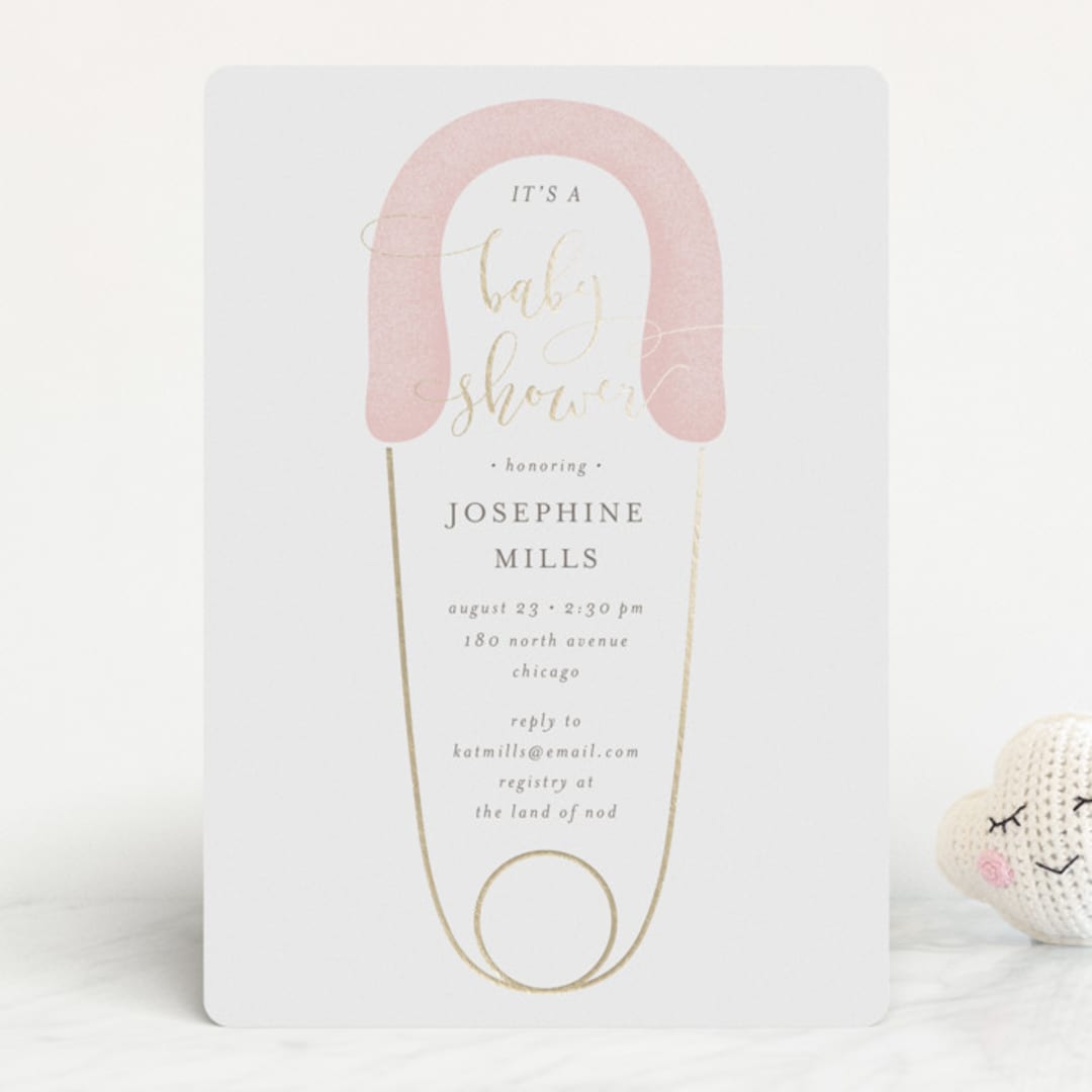 "Diaper Pin" - Baby Shower Invitations in Petal by Lehan Veenker - Front