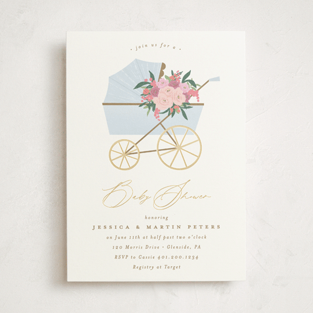 "Pram Bouquet" - Baby Shower Invitations in Cloud by Everett Paper Goods - Front