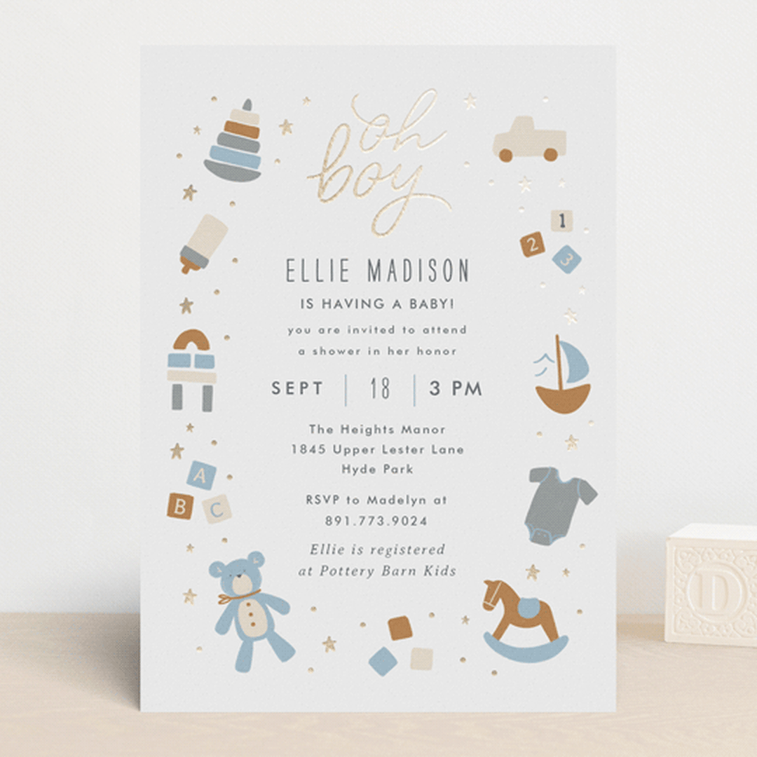 "Toys" - Baby Shower Invitations in Powder Blue by JeAnna Casper - Front