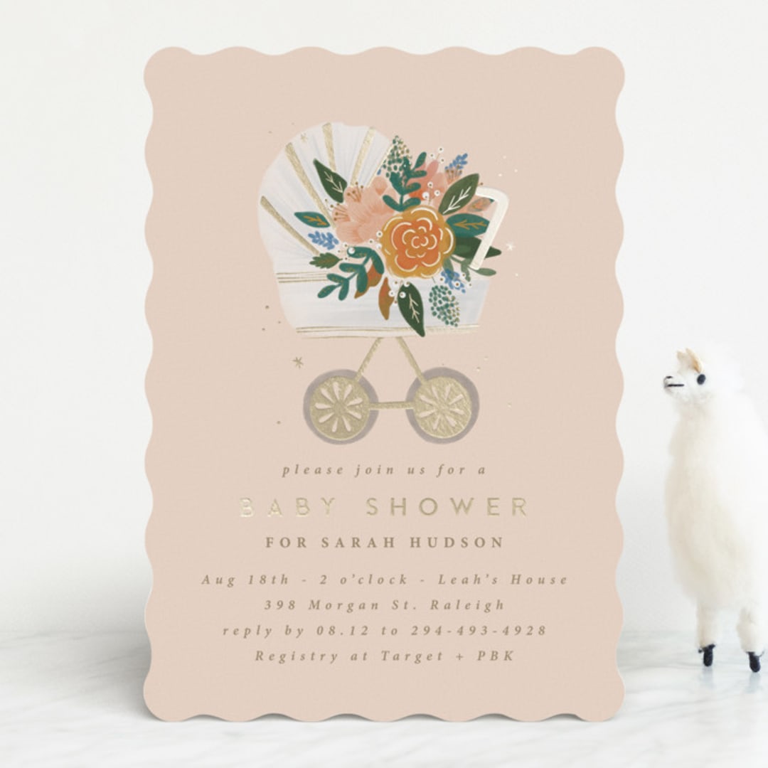 "Floral Pram" - Baby Shower Invitations in Blush by Corie Page - Front