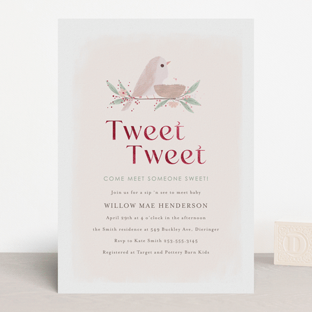 "Tweet Tweet" - Baby Shower Invitations in Blush by Itsy Belle Studio - Front