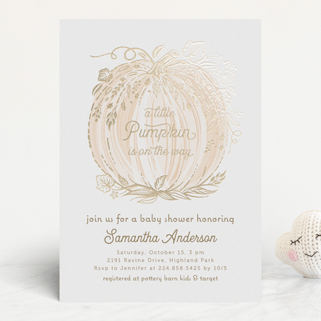 "Little Pumpkin" - Baby Shower Invitations in Peach by Paper Sun Studio - Front
