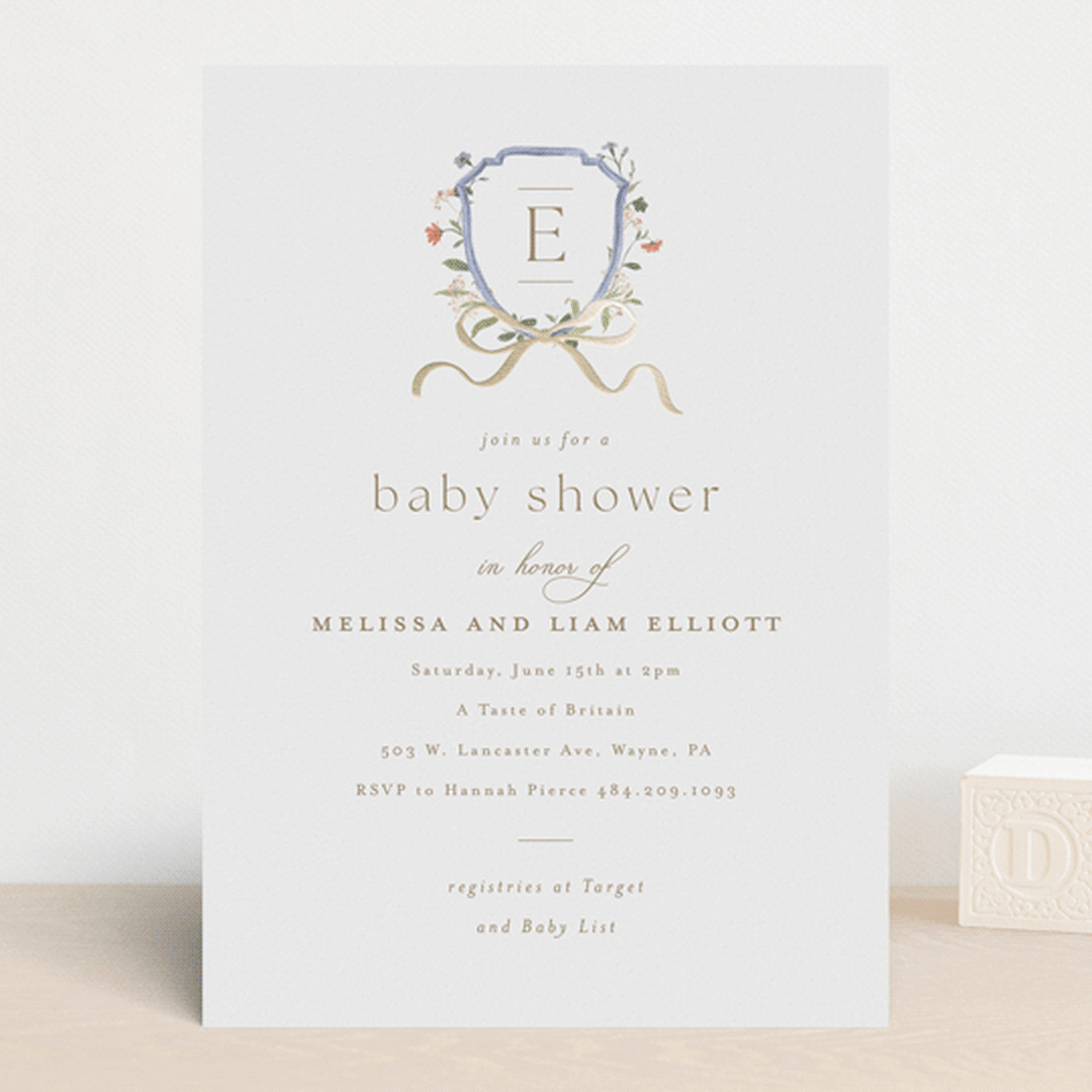 "Floral Crested" - Baby Shower Invitations in Icing by Everett Paper Goods - Front