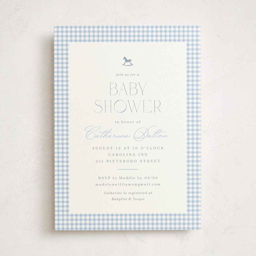 "Gingham Rockinghorse" - Baby Shower Invitations in Baby Blue by Olivia Raufman - Front