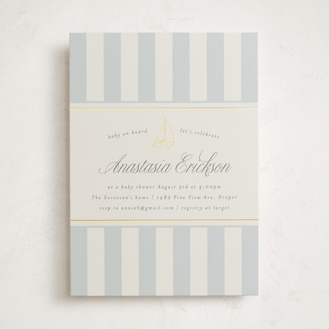 "On Board" - Baby Shower Invitations in Fog by Stephanie Hawkes - Front