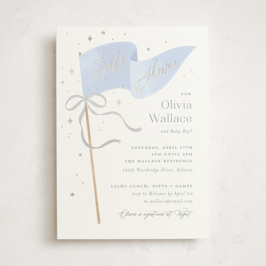 "Bows & Banners" - Baby Shower Invitations in Baby Blue by Paper Raven Co. - Front