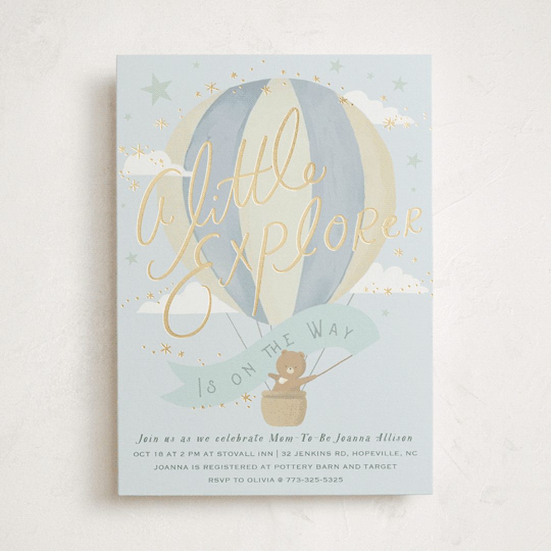 "Little Explorer" - Baby Shower Invitations in Powder by Hannah Williams - Front