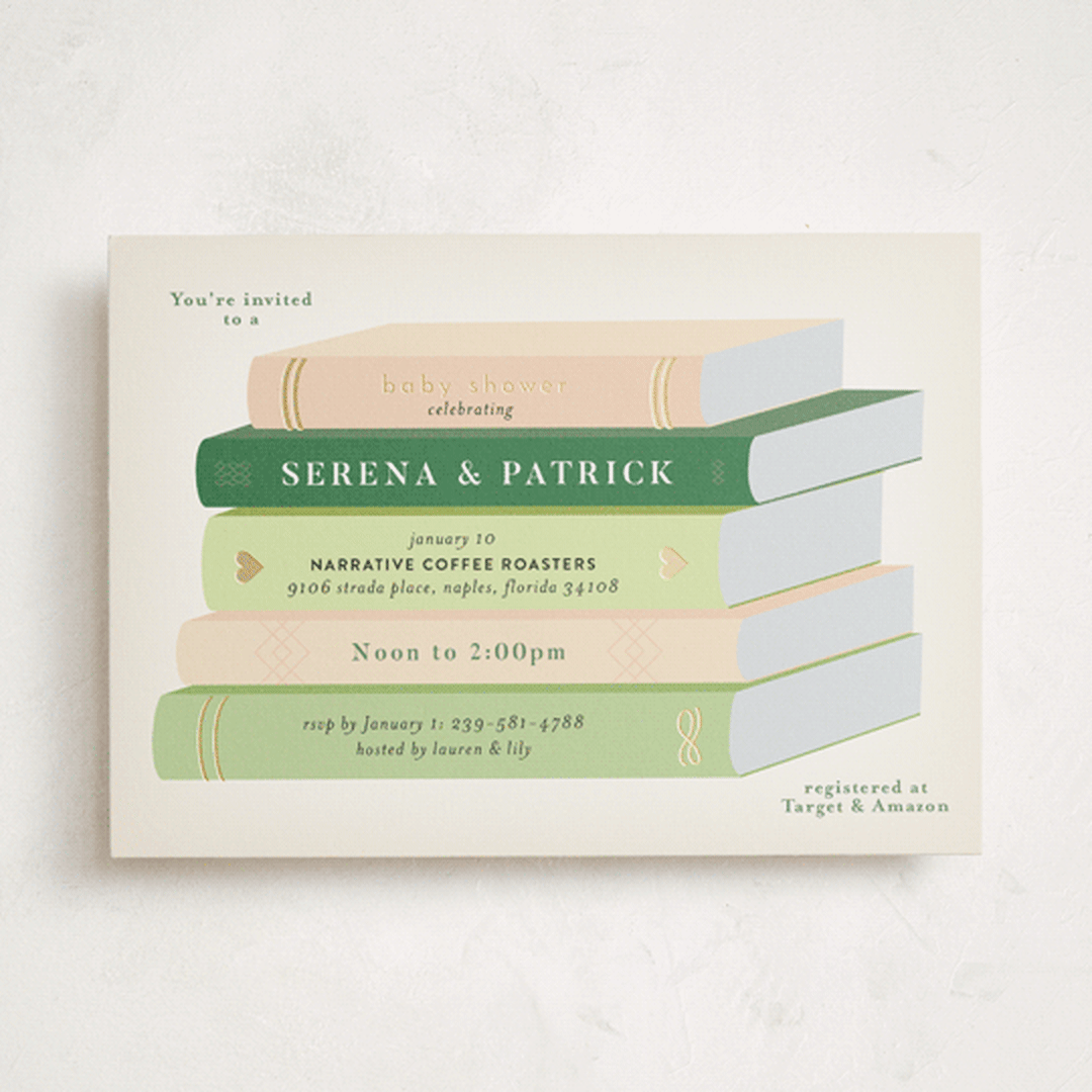 "Book Stack" - Baby Shower Invitations in Blush by Palm Bridal - Front