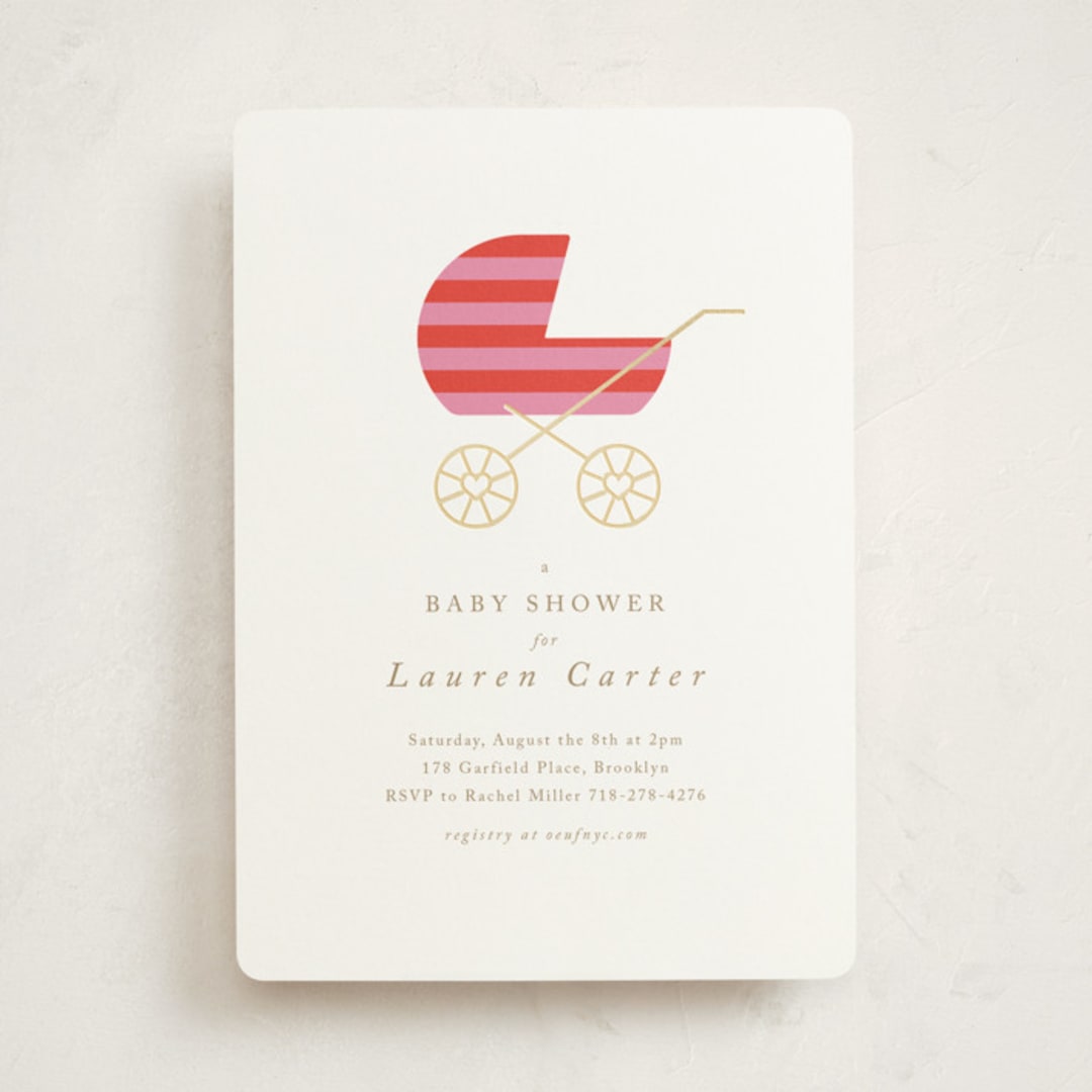"Striped Baby Buggy" - Baby Shower Invitations in Rose by mo kelley - Front