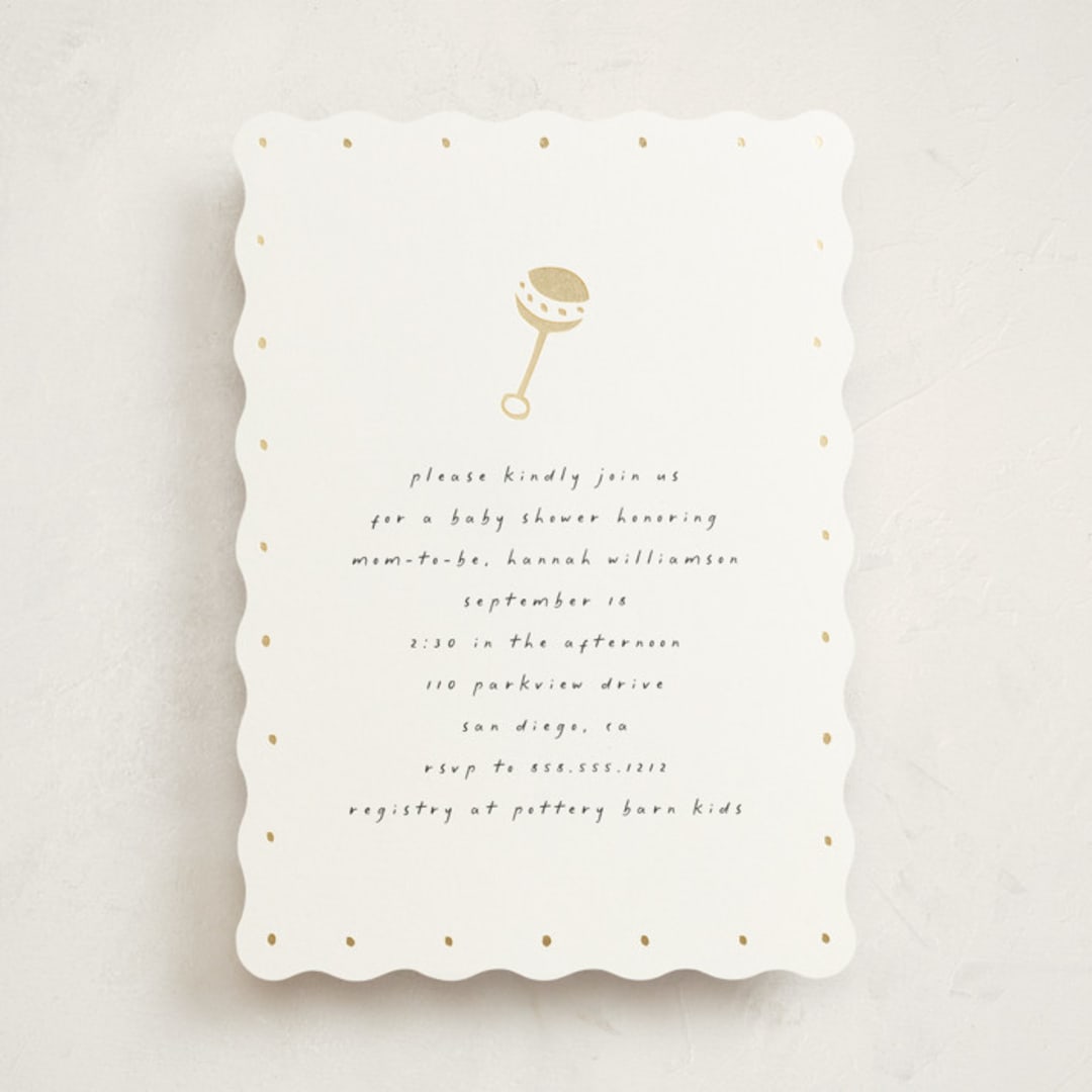 "Foil Rattle" - Baby Shower Invitations in Cotton by Stacy Maalouf - Front