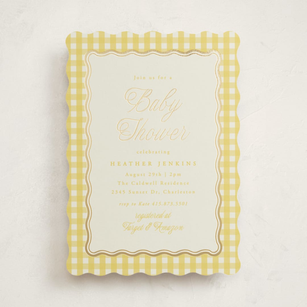 "Scalloped Gingham" - Baby Shower Invitations in Lemonade by Brianne Larsen - Front