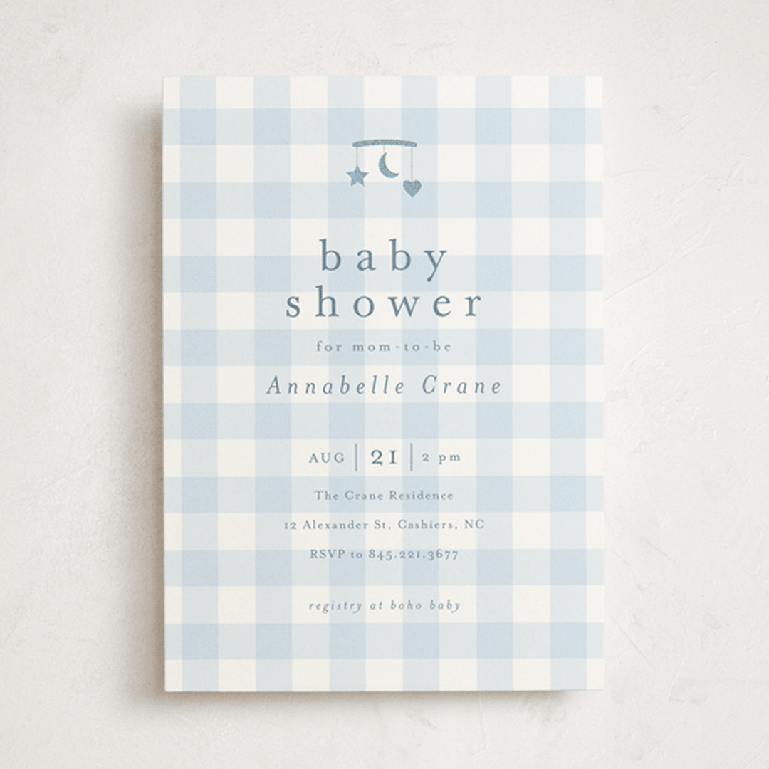 "Gingham Mobile" - Baby Shower Invitations in Baby blue by Stacey Meacham - Front
