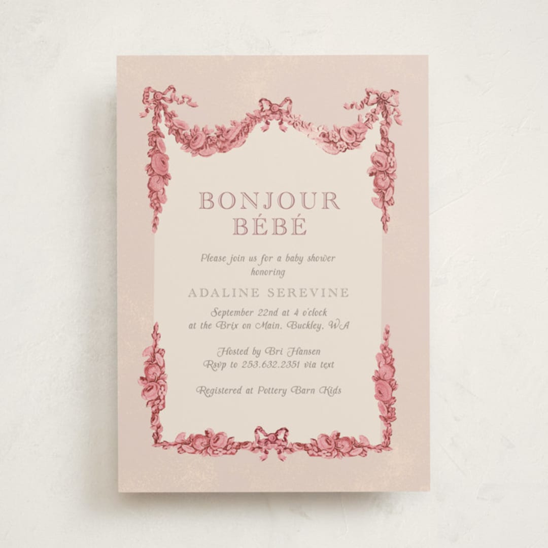 "Bonjour Bebe" - Baby Shower Invitations in Peony by Itsy Belle Studio - Front