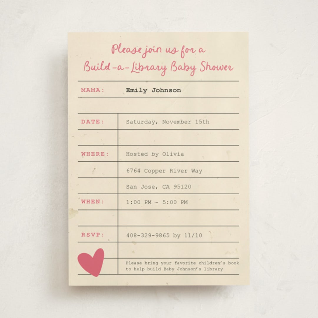 "Build a Library" - Baby Shower Invitations in Peony by Ilene Guy - Front