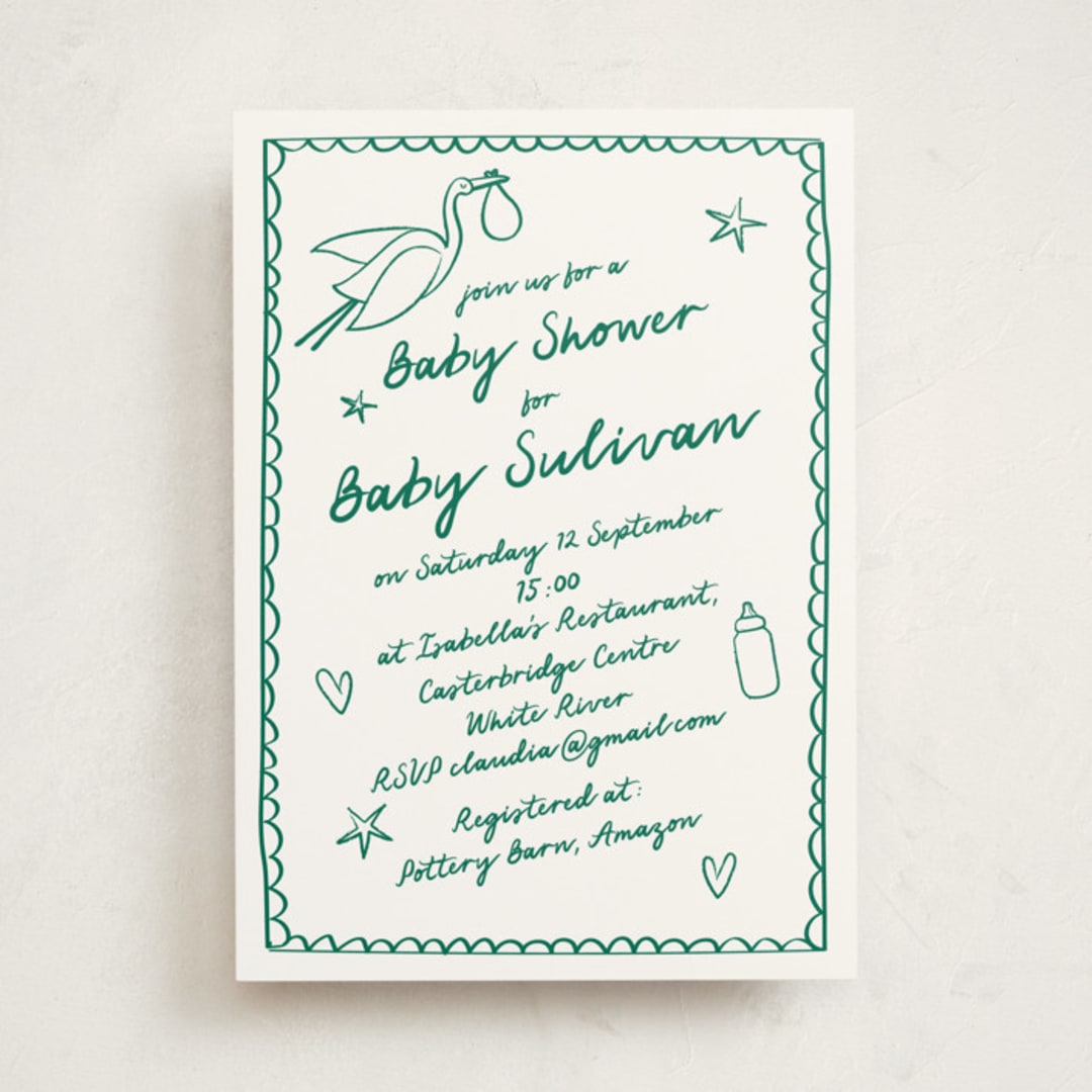 "Stork Party" - Baby Shower Invitations in Apple by Zani van Zyl - Front