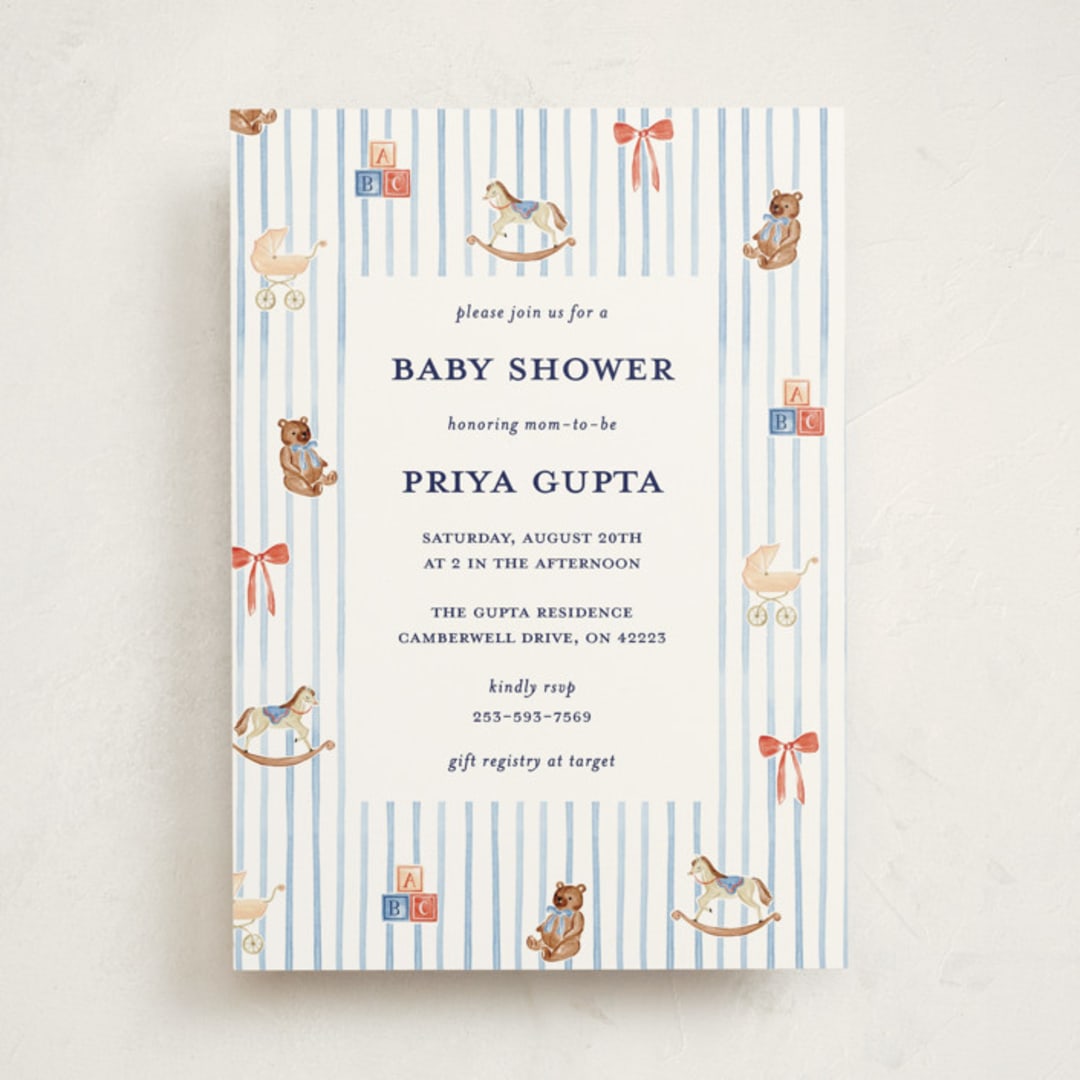"Pinstripe" - Baby Shower Invitations in Cloud by Sarah Knight - Front