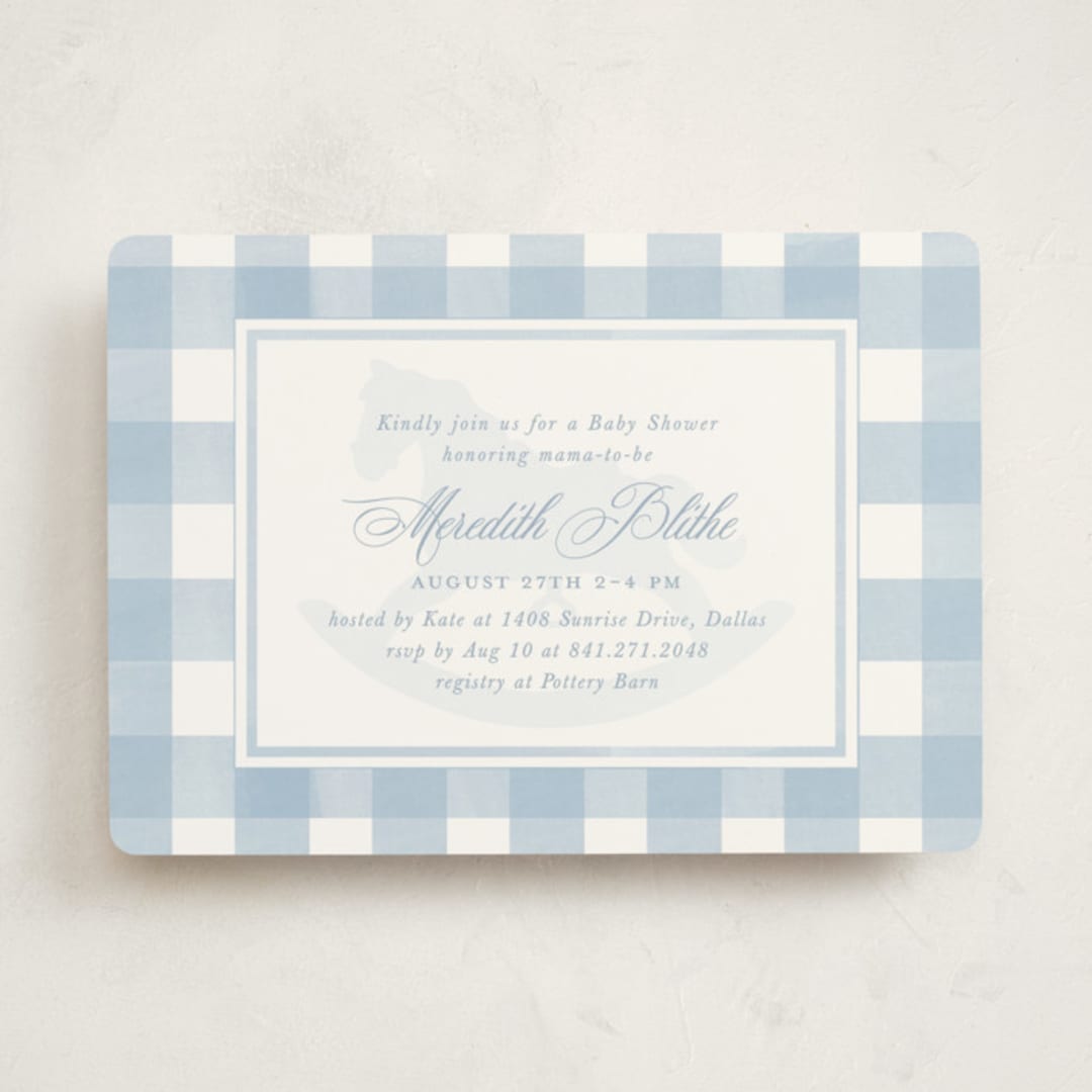 "Classic Gingham" - Baby Shower Invitations in Sky by Melinda Denison - Front