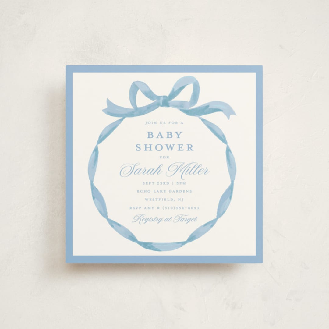 "Painted Bow" - Baby Shower Invitations in Sky by Teju Reval - Front