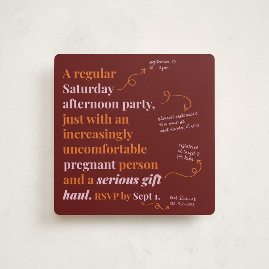 "Increasingly Uncomfortable Pregnant Person" - Baby Shower Invitations in Pomegranate by Madison Kic - Front