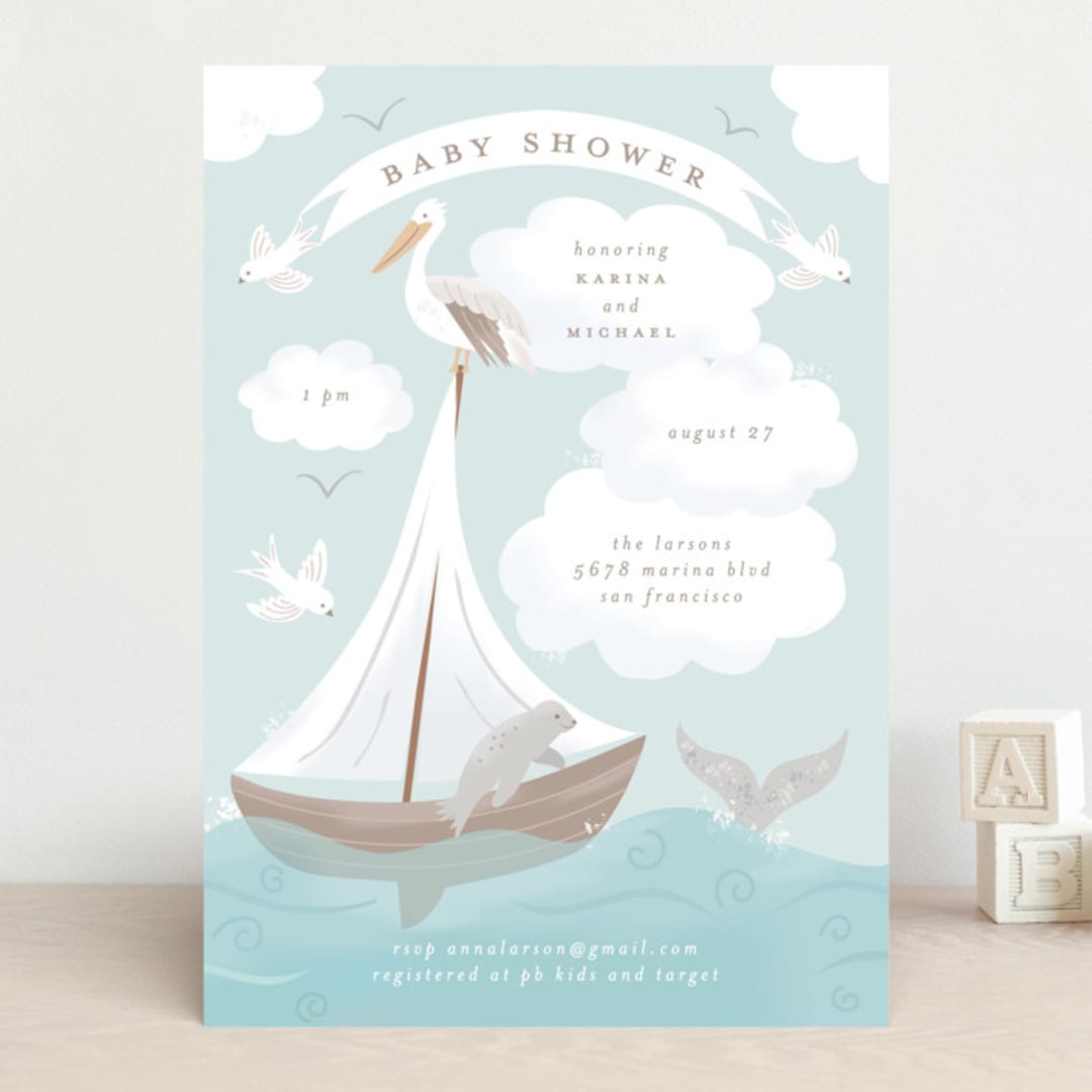 "Little Sailboat" - Baby Shower Invitations in Sky by Jennifer Holbrook - Front