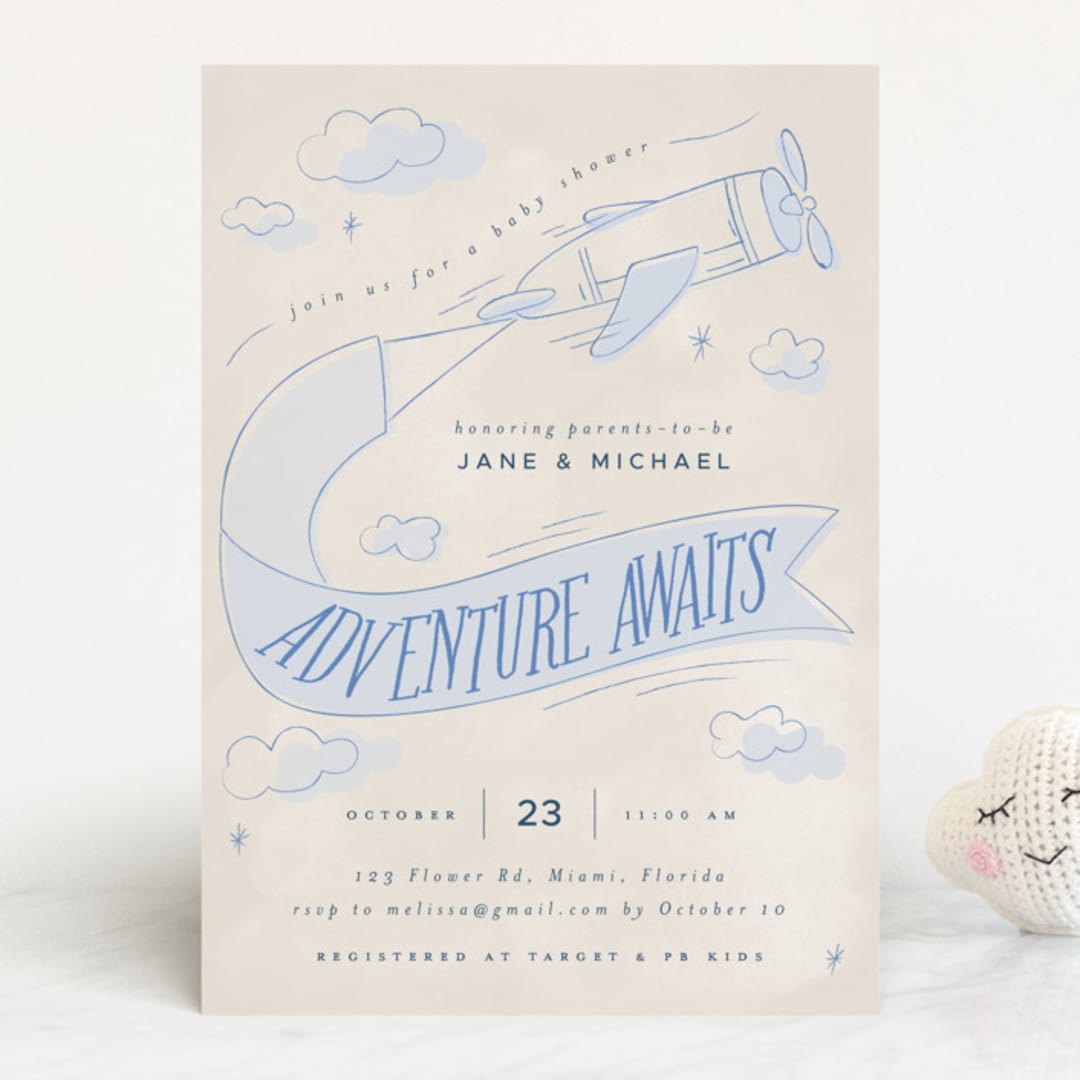 "Fly With Me" - Baby Shower Invitations in Sky by Vera Lim - Front