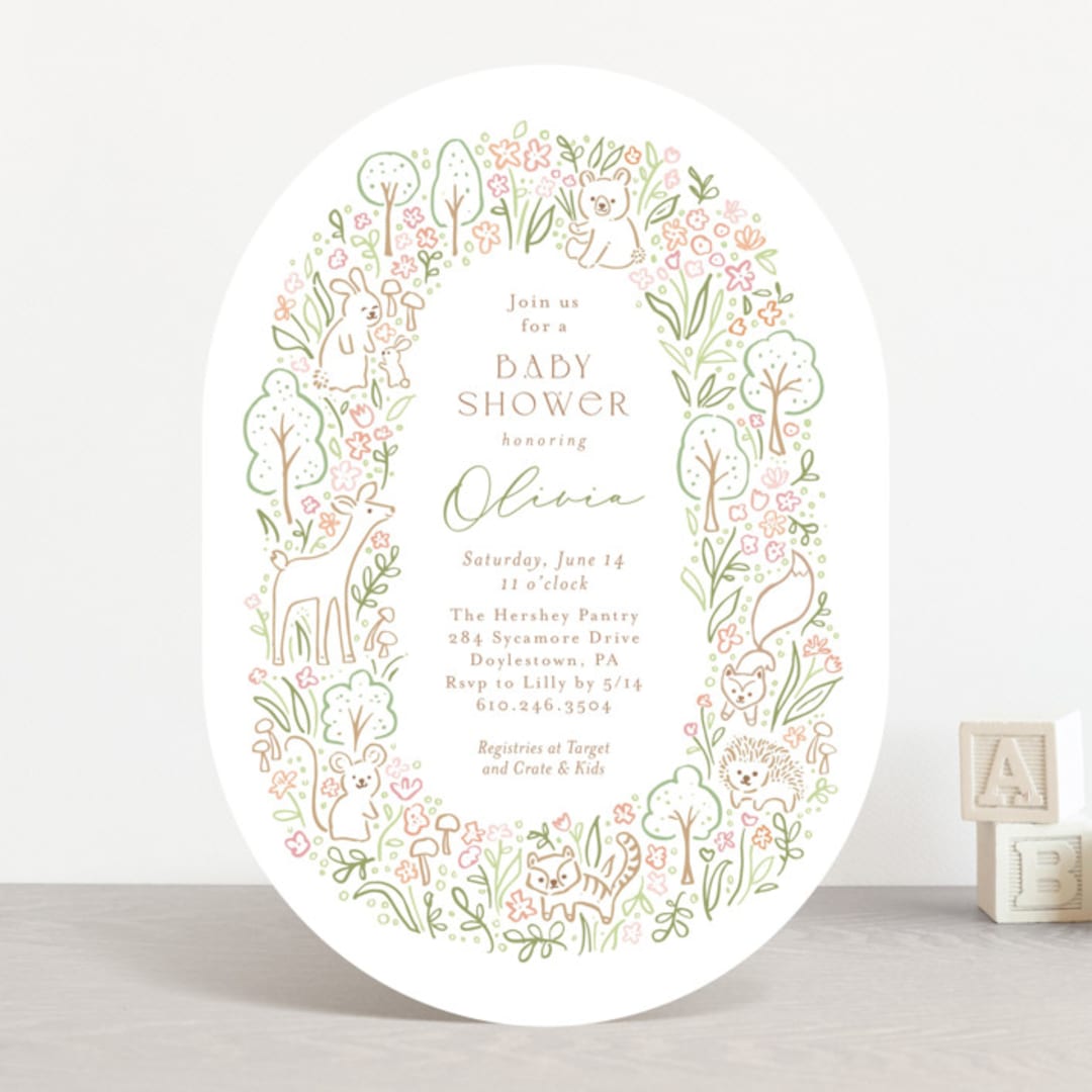 "Woodland Beginnings" - Baby Shower Invitations in Watermelon by Jennifer Wick - Front