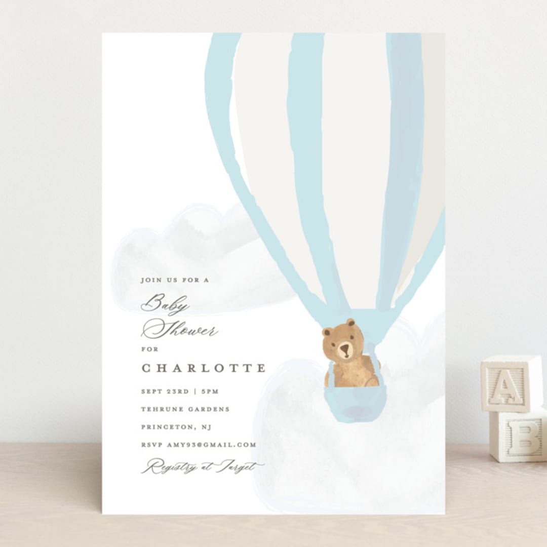 "Hot Air Balloon Bear" - Baby Shower Invitations in Blue Berry by Teju Reval - Front