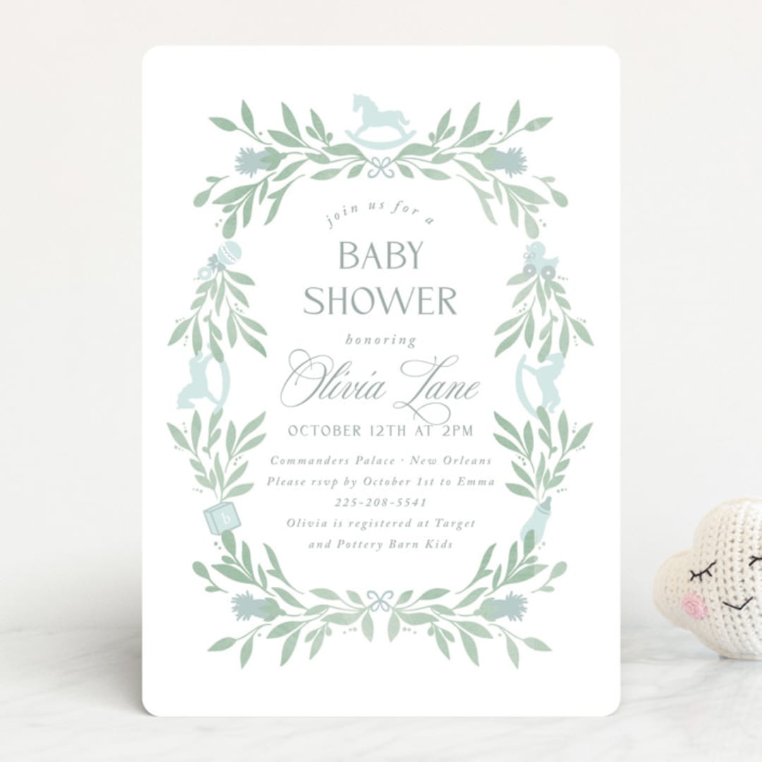 "Baby Shower Wreath" - Baby Shower Invitations in Celeste by Melinda Denison - Front