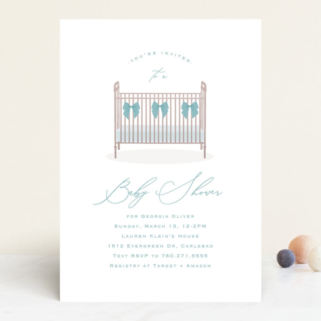 "Crib Bows" - Baby Shower Invitations in Powder Blue by Carolyn MacLaren - Front