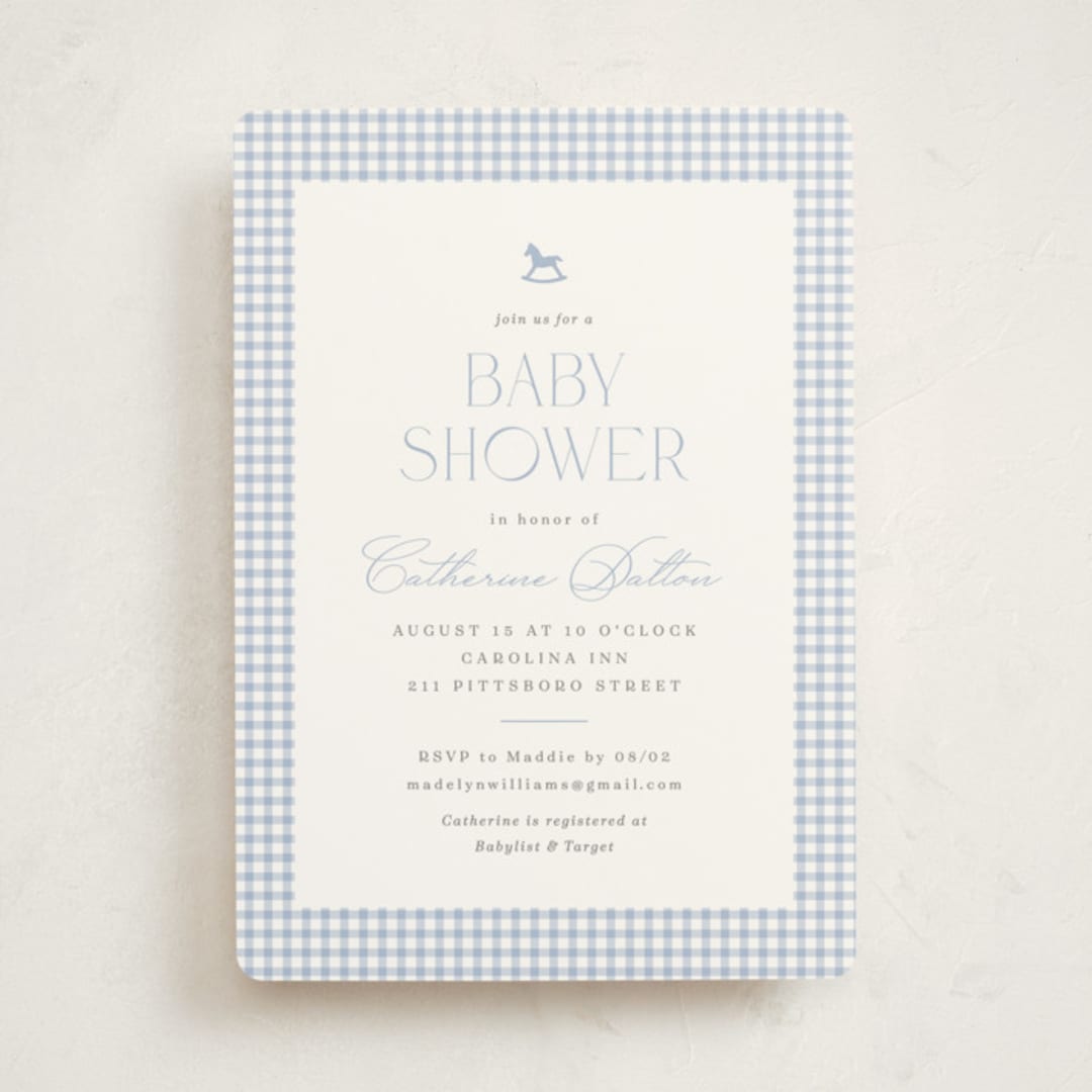 "Gingham Rockinghorse" - Baby Shower Invitations in Baby Blue by Olivia Raufman - Front