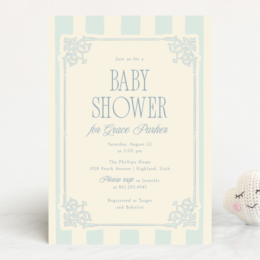 "French Frame" - Baby Shower Invitations in Powder by Robert and Stella - Front