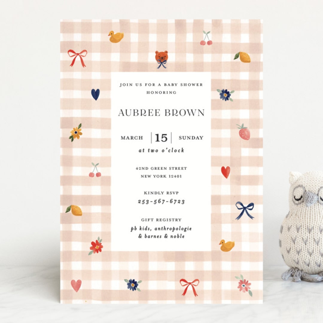 "Gingham" - Baby Shower Invitations in Shortbread by Sarah Knight - Front