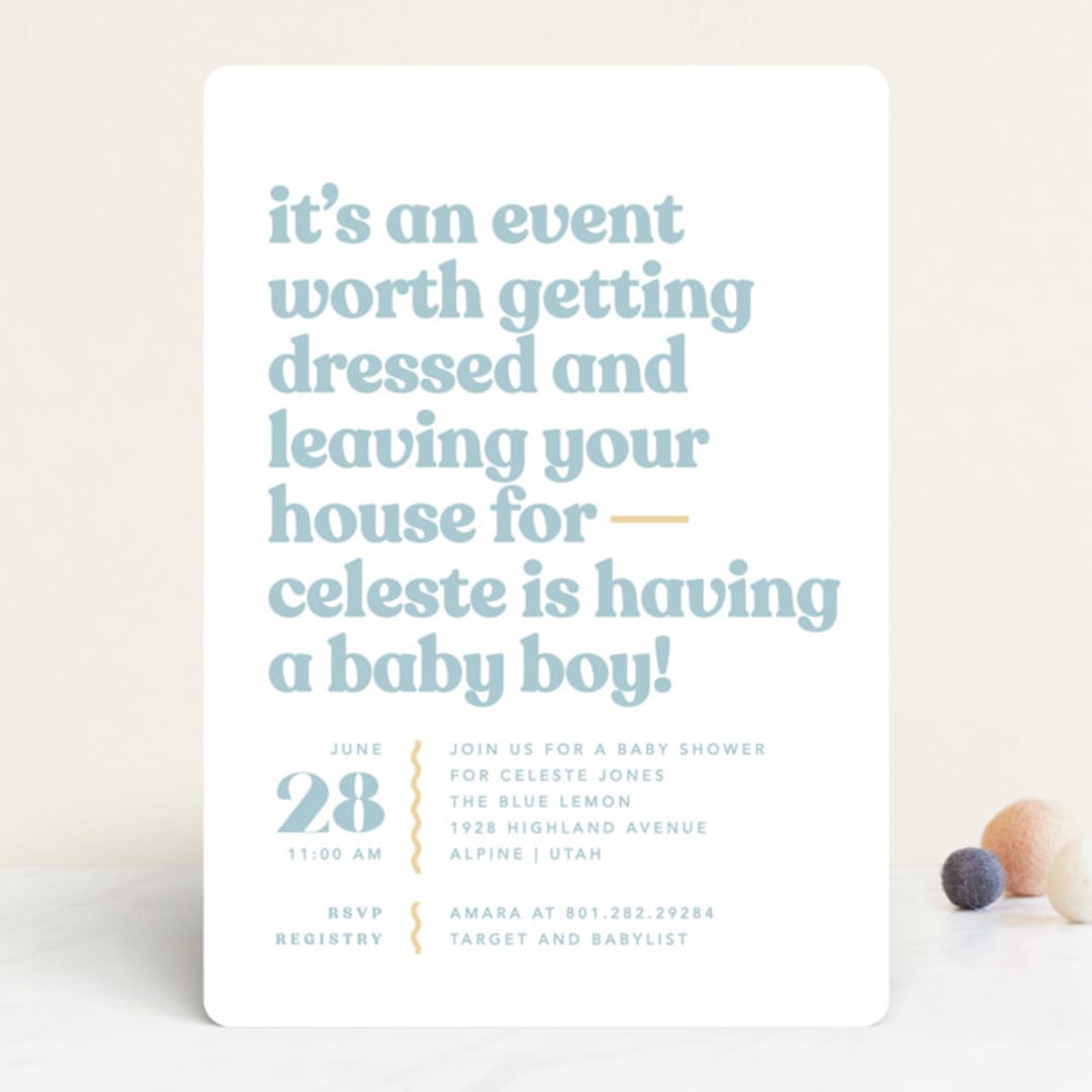 "It's An Event" - Baby Shower Invitations in Ocean by Robert and Stella - Front