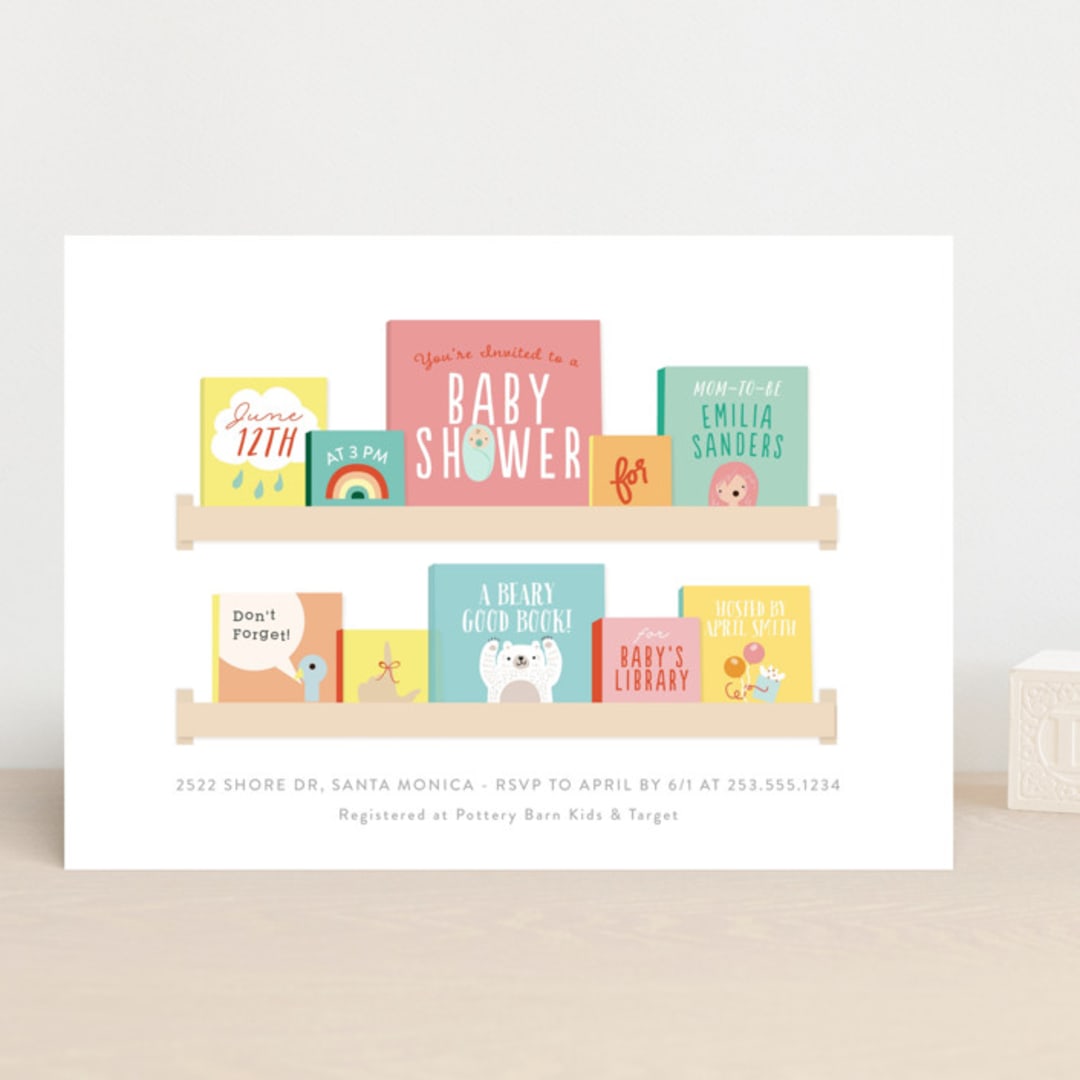 "Modern Book Shelf" - Baby Shower Invitations in Brights by Itsy Belle Studio - Front