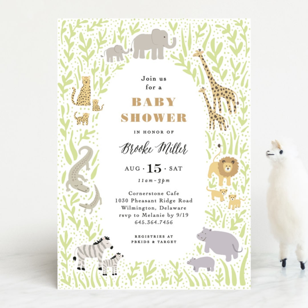 "Savannah animals" - Baby Shower Invitations in Sage by Jennifer Wick - Front