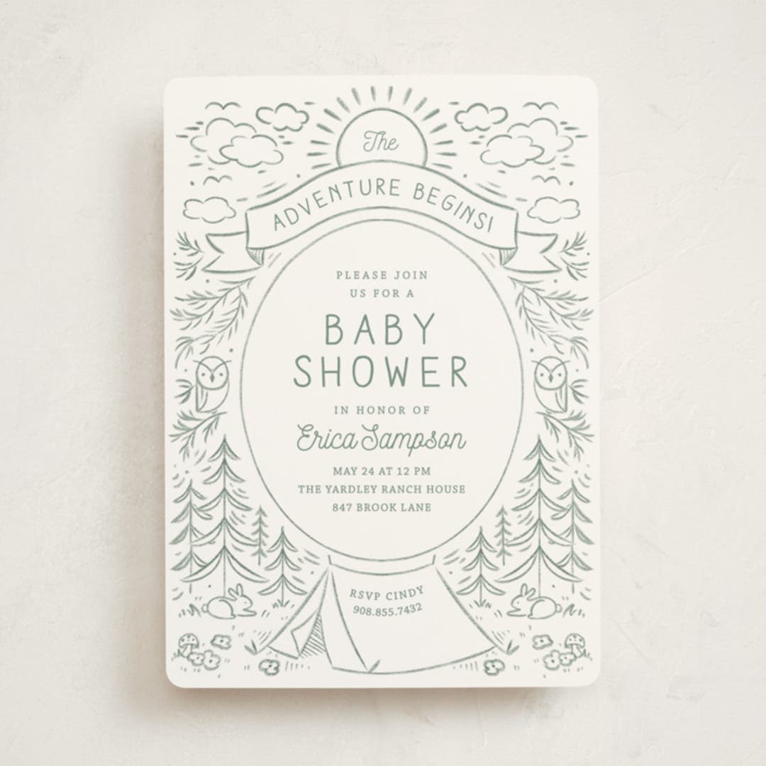 "The Adventure Begins" - Baby Shower Invitations in Sage by Kiersten Garner - Front