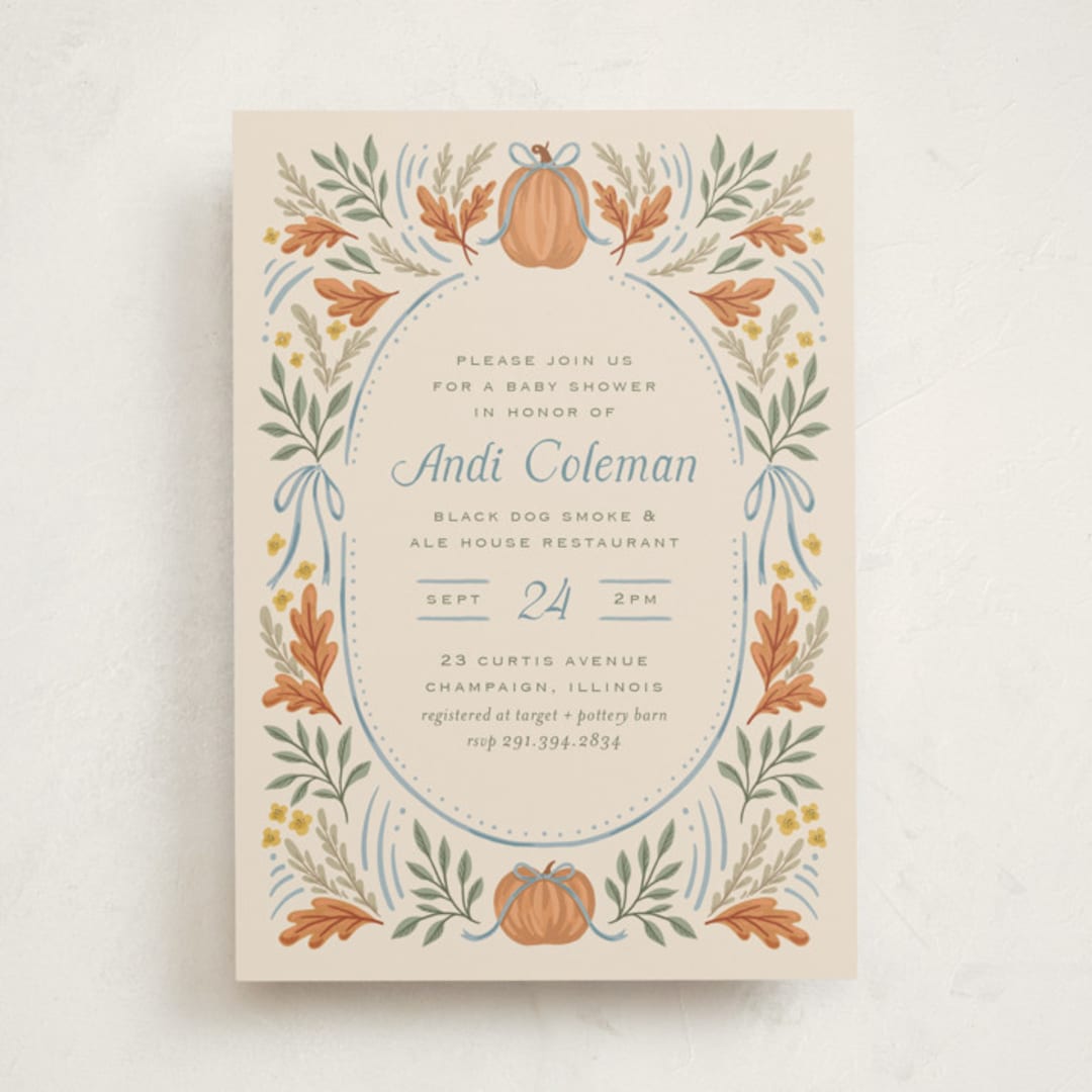 "Pumpkins + Bows" - Baby Shower Invitations in Cornflower by Laura Hankins - Front