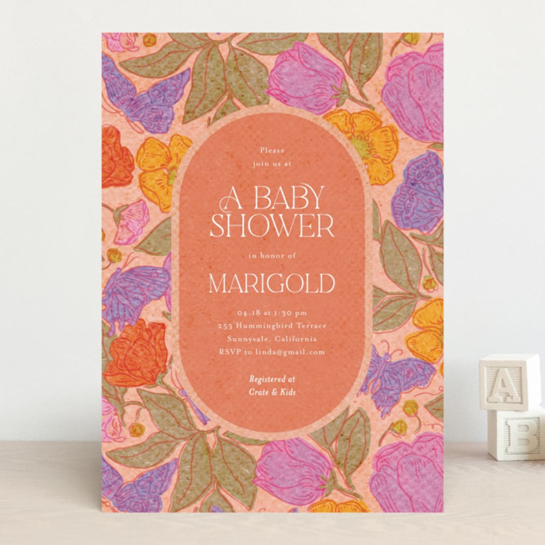 "Vintage Garden" - Baby Shower Invitations in Peach by Simona Camp - Front